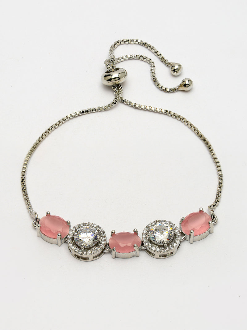 Rhodium Plated Silver Toned White Round & Pink Oval American Diamond Studded Wraparound Adjustable Bracelet