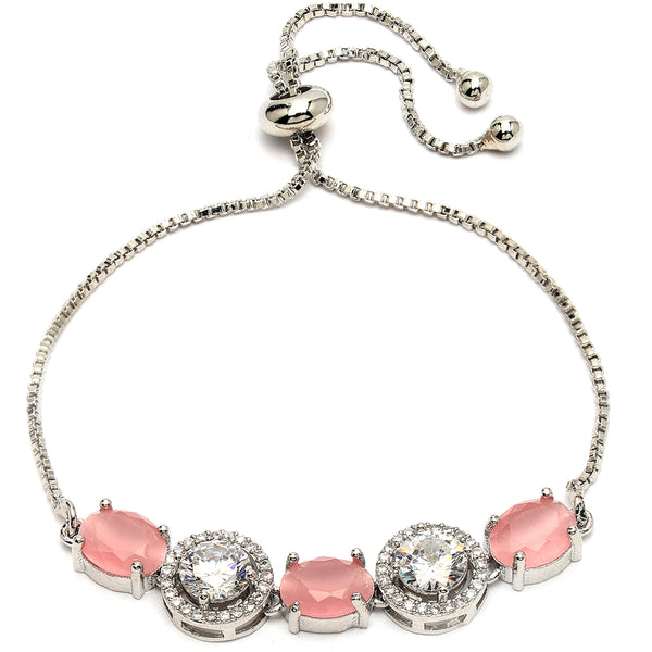 Rhodium Plated Silver Toned White Round & Pink Oval American Diamond Studded Wraparound Adjustable Bracelet