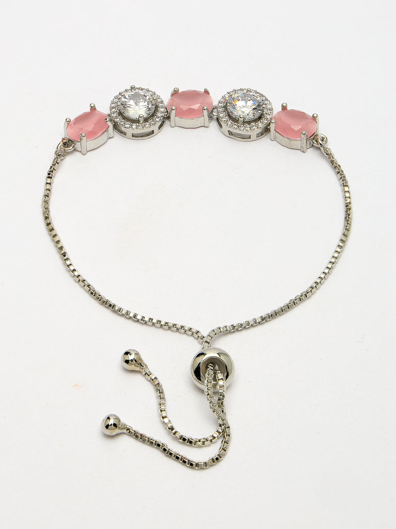 Rhodium Plated Silver Toned White Round & Pink Oval American Diamond Studded Wraparound Adjustable Bracelet