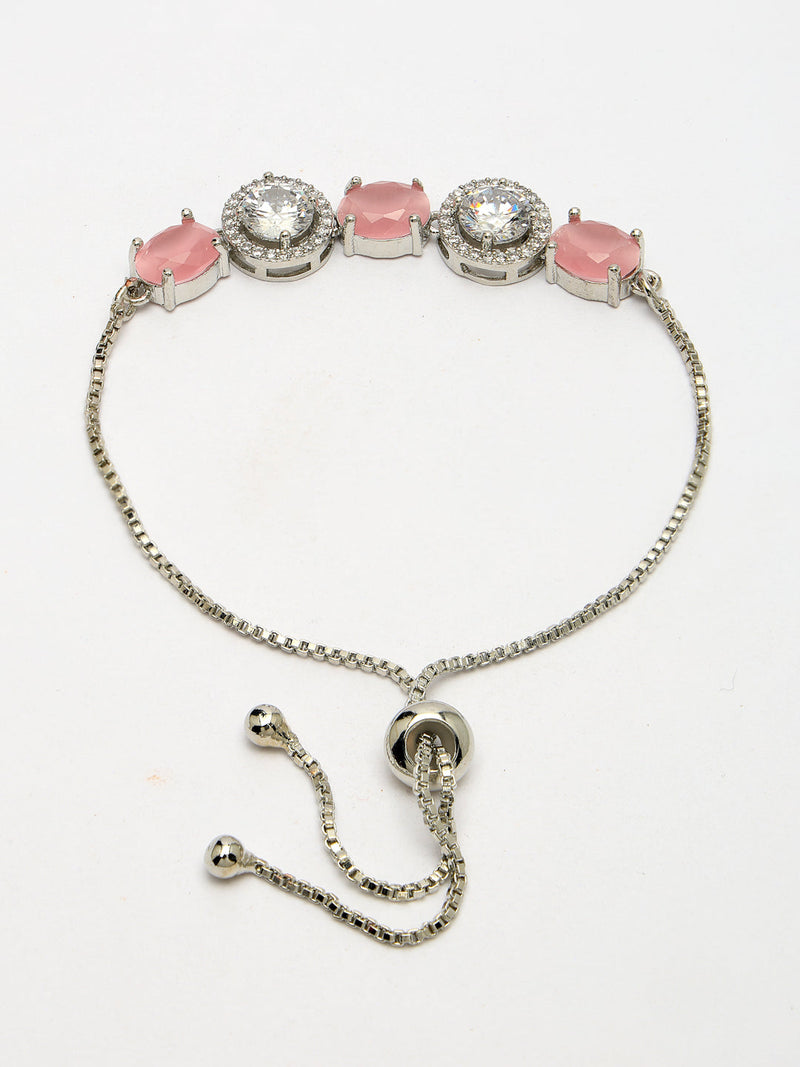 Rhodium Plated Silver Toned White Round & Pink Oval American Diamond Studded Wraparound Adjustable Bracelet