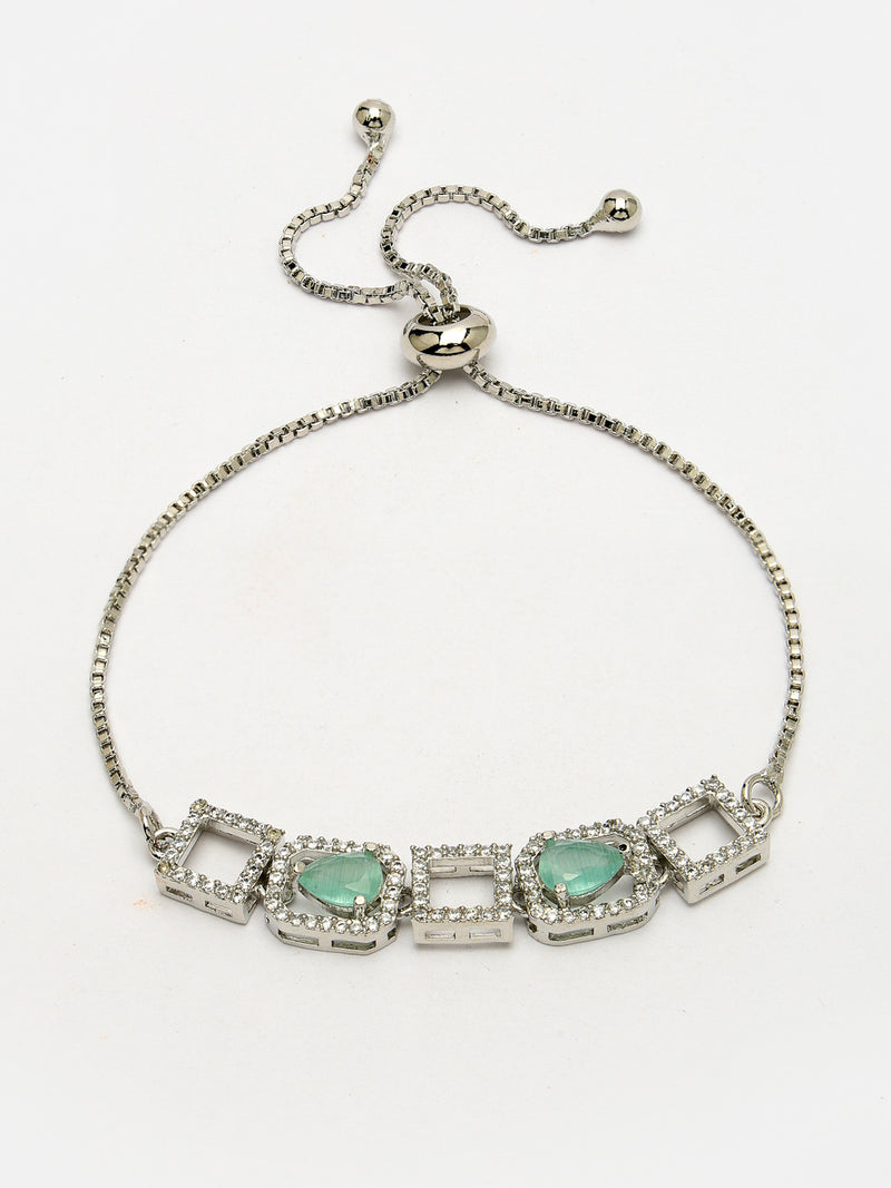 Rhodium Plated Silver Toned White Square Cut Mint Green Teardrop Ad Studded Wraparound Adjustable Bracelet