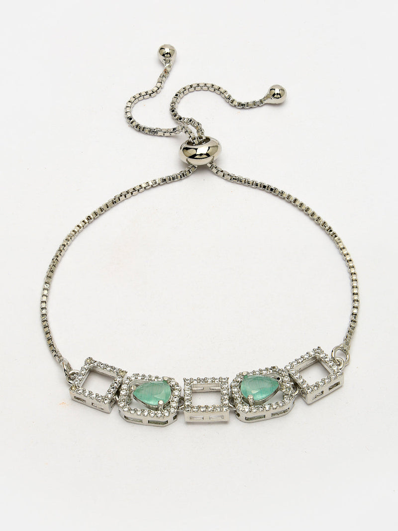 Rhodium Plated Silver Toned White Square Cut Mint Green Teardrop Ad Studded Wraparound Adjustable Bracelet