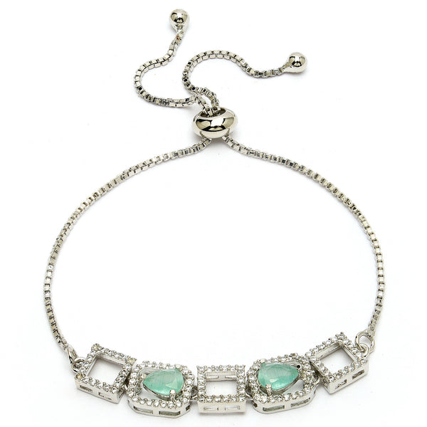 Rhodium Plated Silver Toned White Square Cut Mint Green Teardrop Ad Studded Wraparound Adjustable Bracelet