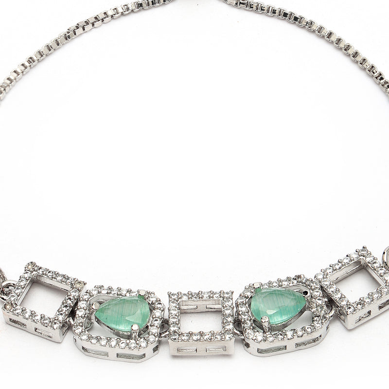 Rhodium Plated Silver Toned White Square Cut Mint Green Teardrop Ad Studded Wraparound Adjustable Bracelet
