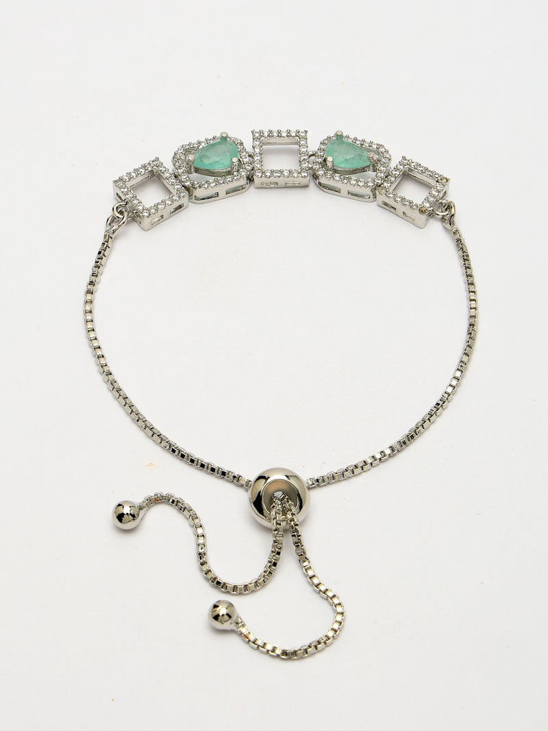 Rhodium Plated Silver Toned White Square Cut Mint Green Teardrop Ad Studded Wraparound Adjustable Bracelet