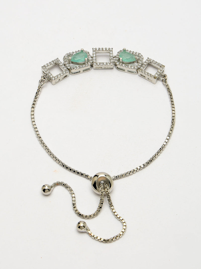 Rhodium Plated Silver Toned White Square Cut Mint Green Teardrop Ad Studded Wraparound Adjustable Bracelet