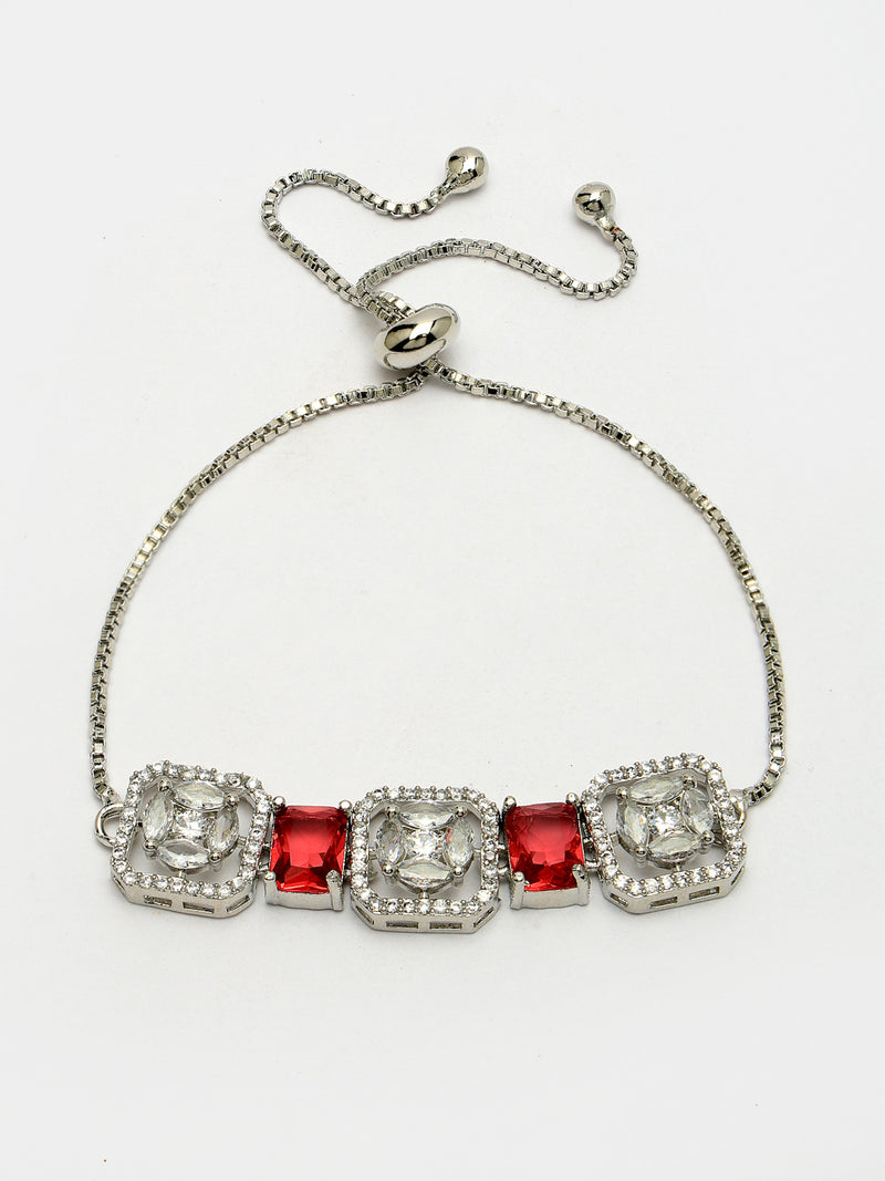 Rhodium Plated Silver Toned White Round & Red Rectangle American Diamond Studded Wraparound Adjustable Bracelet