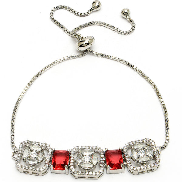 Rhodium Plated Silver Toned White Round & Red Rectangle American Diamond Studded Wraparound Adjustable Bracelet