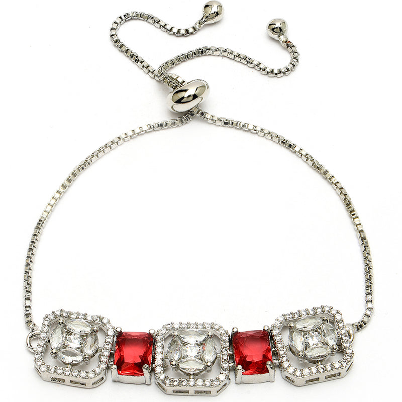Rhodium Plated Silver Toned White Round & Red Rectangle American Diamond Studded Wraparound Adjustable Bracelet