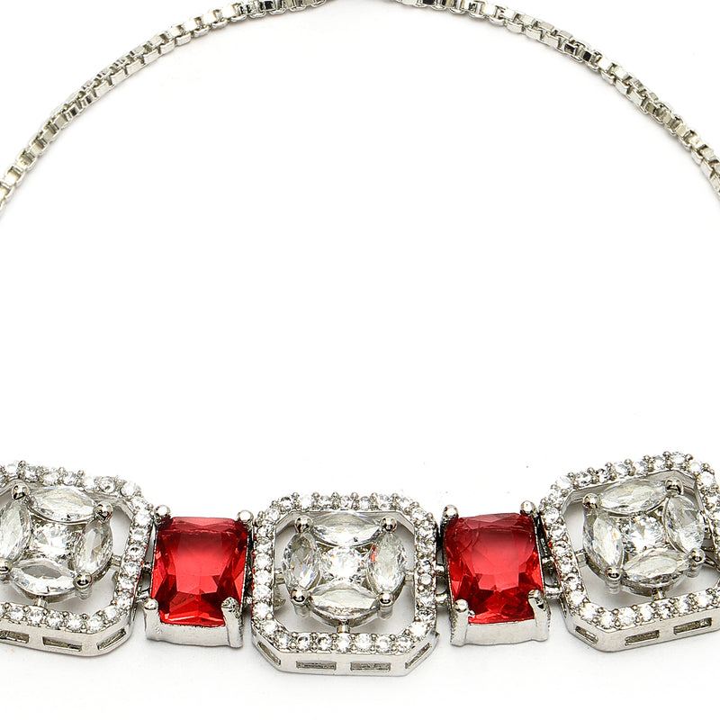 Rhodium Plated Silver Toned White Round & Red Rectangle American Diamond Studded Wraparound Adjustable Bracelet
