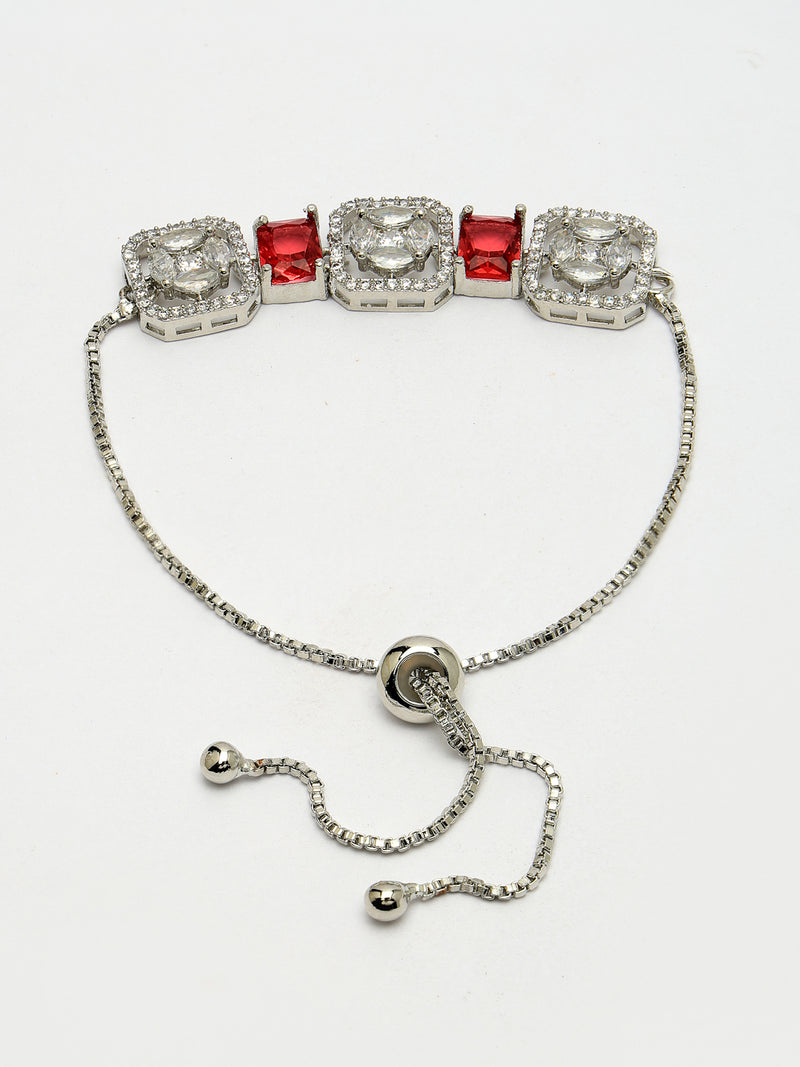 Rhodium Plated Silver Toned White Round & Red Rectangle American Diamond Studded Wraparound Adjustable Bracelet
