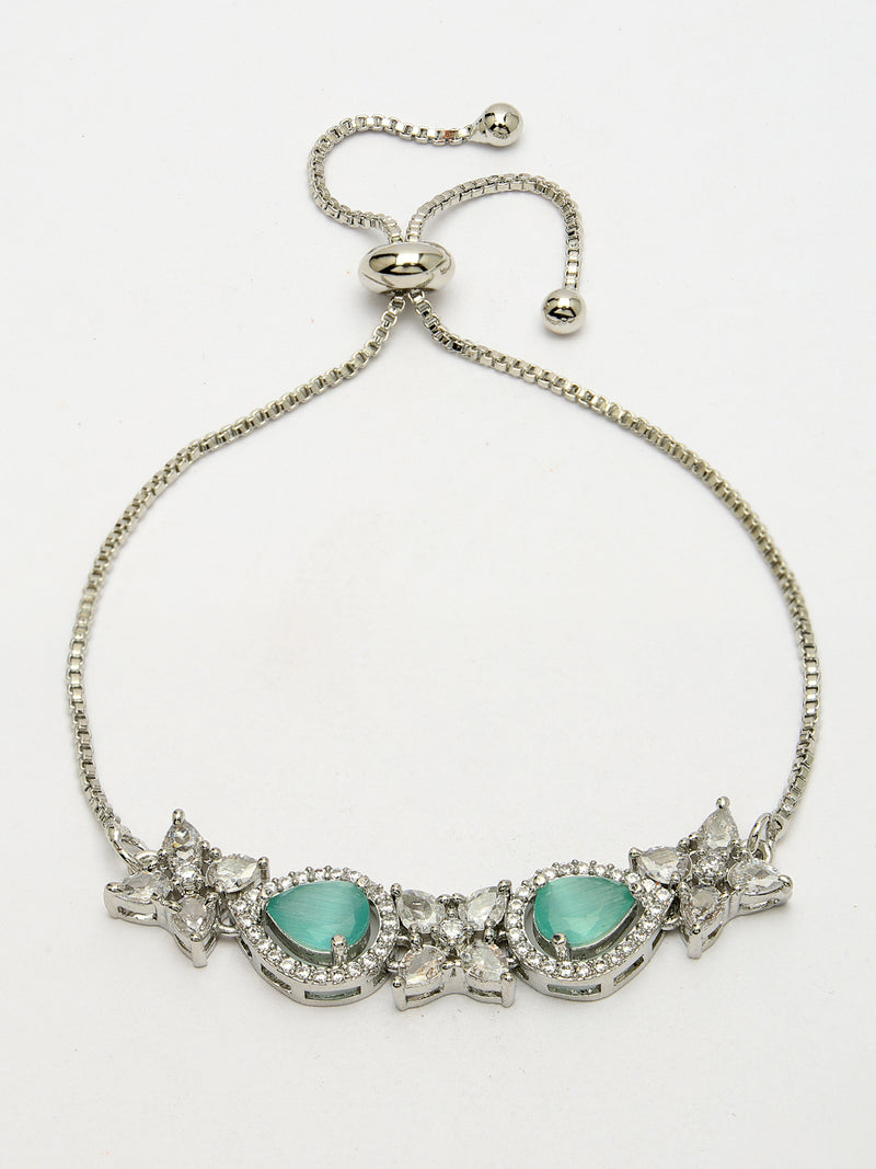 Rhodium Plated Silver Toned White Flower & Mint Green Teardrop American Diamond Studded Wraparound Adjustable Bracelet