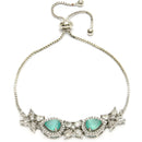 Rhodium Plated Silver Toned White Flower & Mint Green Teardrop American Diamond Studded Wraparound Adjustable Bracelet