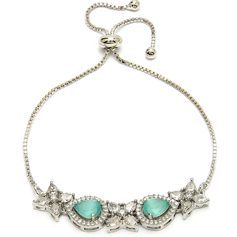 Rhodium Plated Silver Toned White Flower & Mint Green Teardrop American Diamond Studded Wraparound Adjustable Bracelet