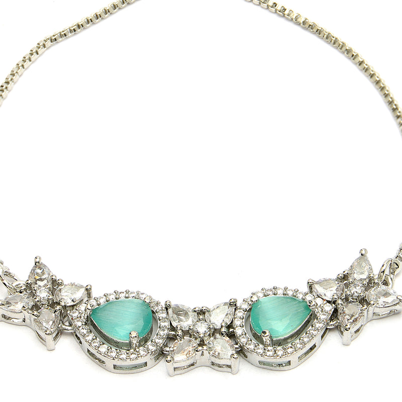 Rhodium Plated Silver Toned White Flower & Mint Green Teardrop American Diamond Studded Wraparound Adjustable Bracelet