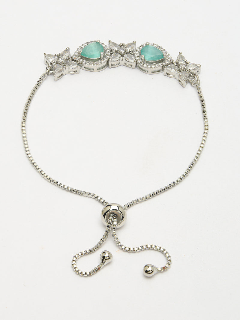 Rhodium Plated Silver Toned White Flower & Mint Green Teardrop American Diamond Studded Wraparound Adjustable Bracelet