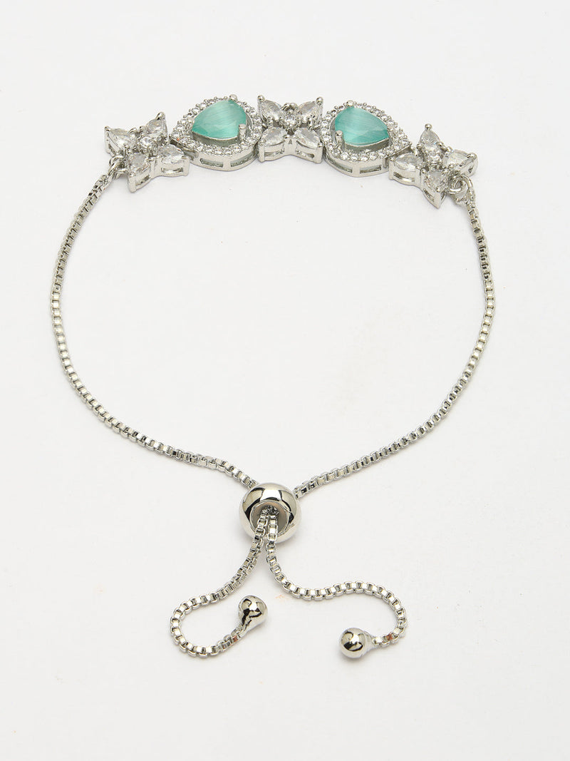 Rhodium Plated Silver Toned White Flower & Mint Green Teardrop American Diamond Studded Wraparound Adjustable Bracelet