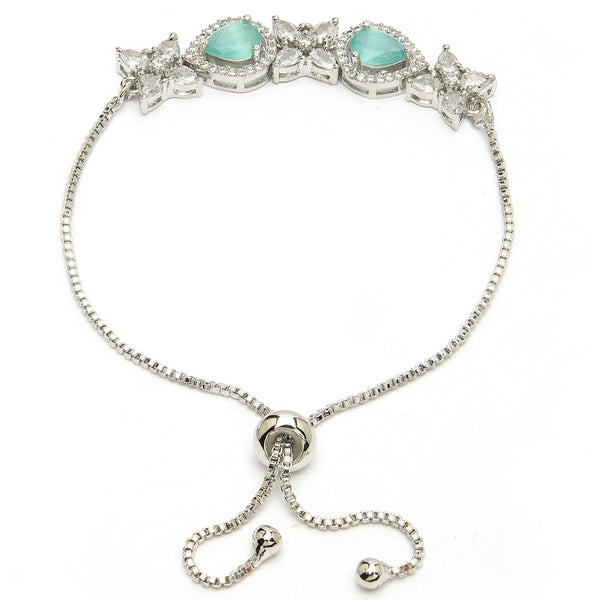Rhodium Plated Silver Toned White Flower & Mint Green Teardrop American Diamond Studded Wraparound Adjustable Bracelet