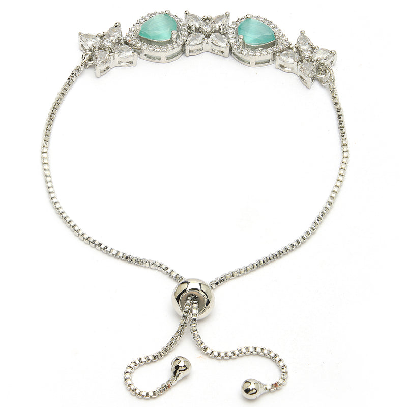 Rhodium Plated Silver Toned White Flower & Mint Green Teardrop American Diamond Studded Wraparound Adjustable Bracelet