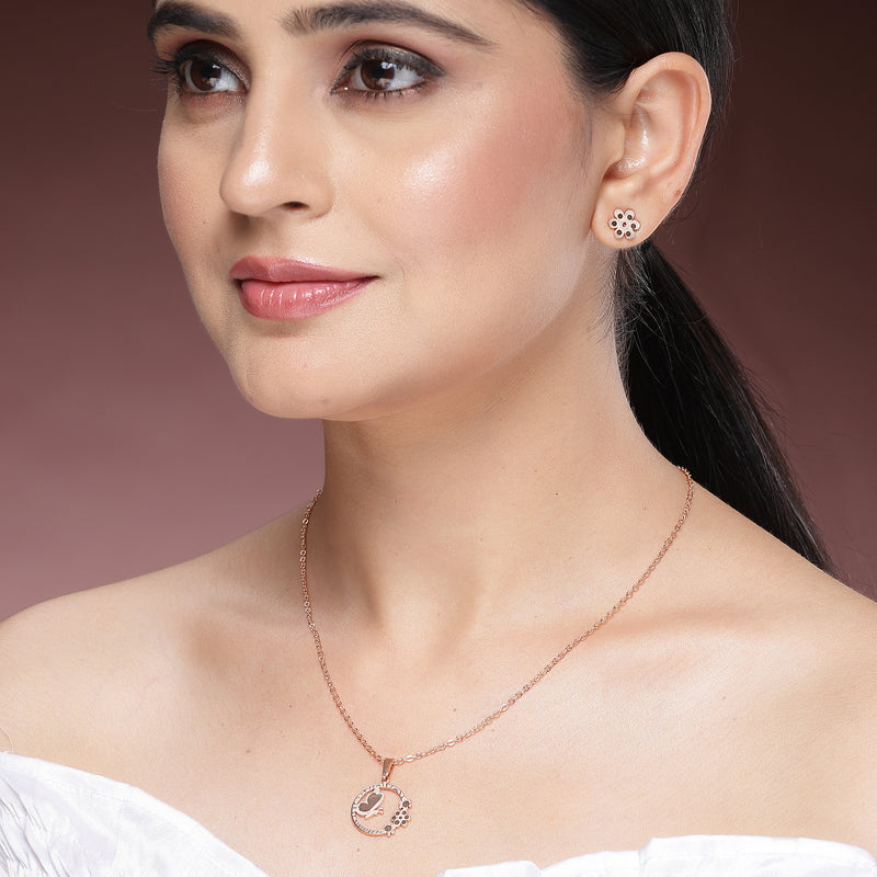 Rose Gold Plated with Circular & Floral design Stainless Steel Pendent Set
