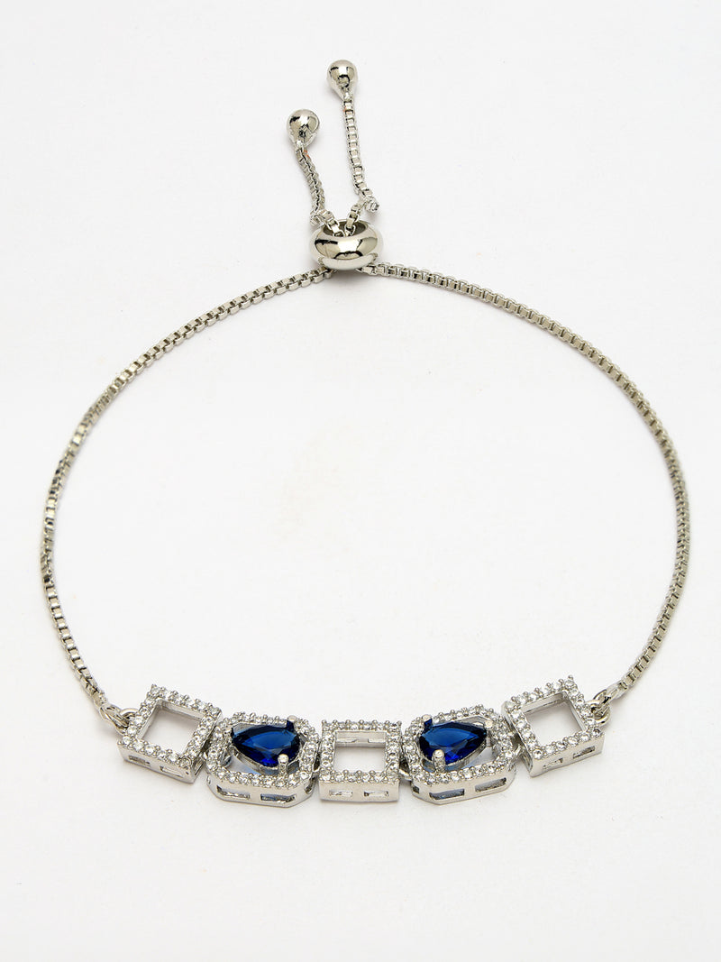 Rhodium Plated Silver Toned White Square Cut Blue Teardrop Ad Studded Wraparound Adjustable Bracelet