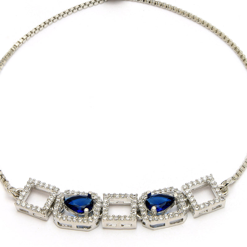 Rhodium Plated Silver Toned White Square Cut Blue Teardrop Ad Studded Wraparound Adjustable Bracelet