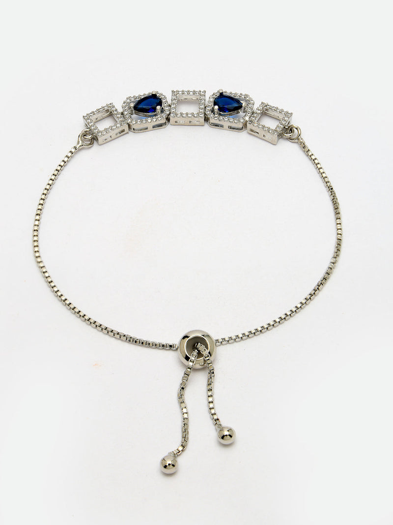Rhodium Plated Silver Toned White Square Cut Blue Teardrop Ad Studded Wraparound Adjustable Bracelet