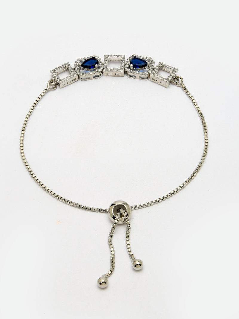 Rhodium Plated Silver Toned White Square Cut Blue Teardrop Ad Studded Wraparound Adjustable Bracelet