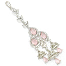 Rhodium Plated Silver Toned Pink & White American Diamond Bridal Maang Tikka With Dangling Teardrop Stones