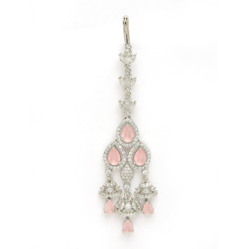 Rhodium Plated Silver Toned Pink & White American Diamond Bridal Maang Tikka With Dangling Teardrop Stones