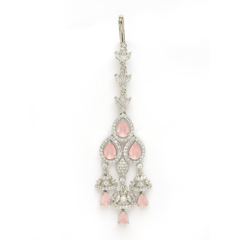 Rhodium Plated Silver Toned Pink & White American Diamond Bridal Maang Tikka With Dangling Teardrop Stones