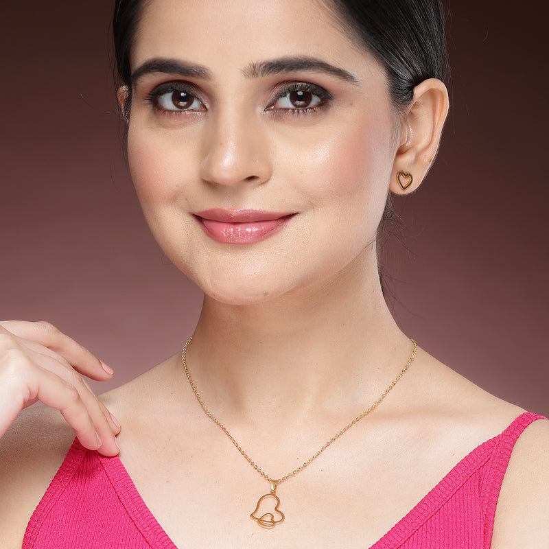 Gold Plated with Stylish Heart Shaped Stainless Steel Pendant Set