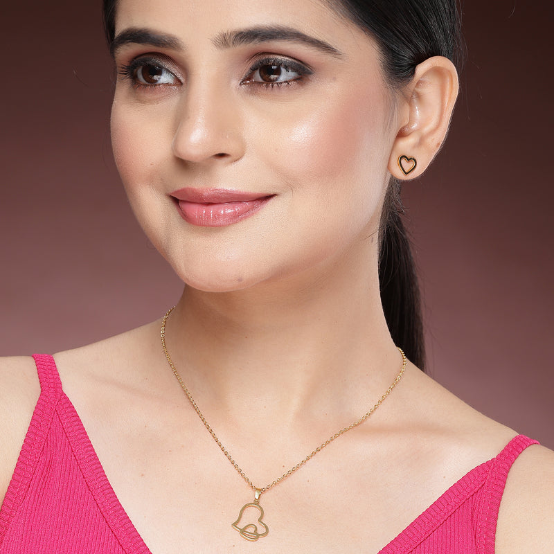 Gold Plated with Stylish Heart Shaped Stainless Steel Pendant Set