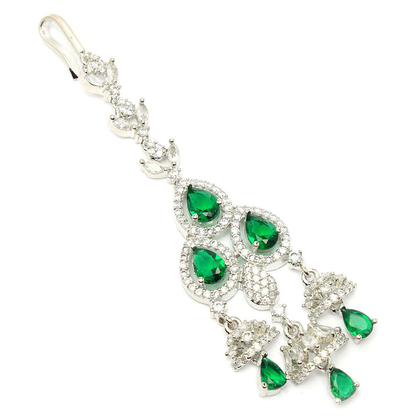 Rhodium Plated Silver Toned Green & White American Diamond Bridal Maang Tikka With Dangling Teardrop Stones