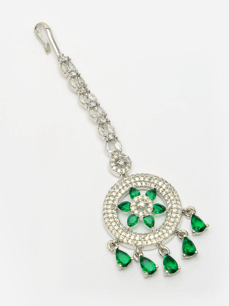 Rhodium Plated Silver Toned Green American Diamond Studded Maang Tikka with Elegant Dangling Stones