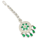 Rhodium Plated Silver Toned Green American Diamond Studded Maang Tikka with Elegant Dangling Stones