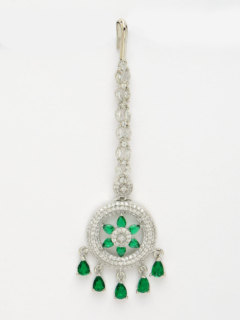 Rhodium Plated Silver Toned Green American Diamond Studded Maang Tikka with Elegant Dangling Stones