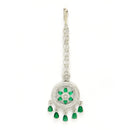 Rhodium Plated Silver Toned Green American Diamond Studded Maang Tikka with Elegant Dangling Stones