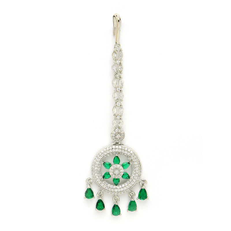 Rhodium Plated Silver Toned Green American Diamond Studded Maang Tikka with Elegant Dangling Stones