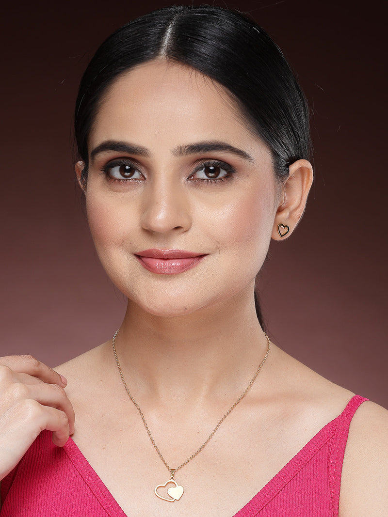 Gold Plated with Thin Chain & Dual Heart Design Stainless Steel Pendent Set