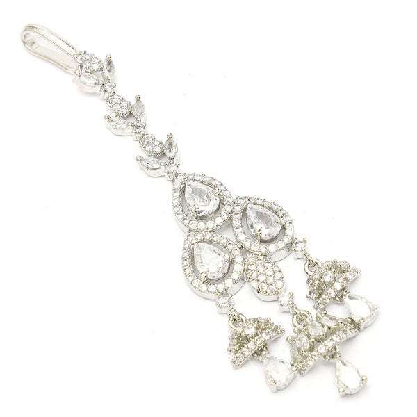 Rhodium Plated Silver Toned Dazzling White American Diamond Bridal Maang Tikka With Dangling Teardrop Stones