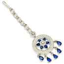 Rhodium Plated Silver Toned Blue American Diamond  Maang Tikka for Women with Elegant Dangling Stones