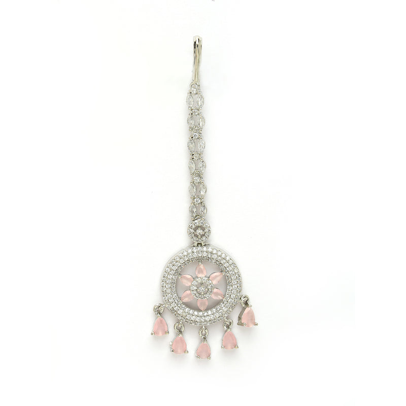 Rhodium Plated Silver Toned Pink American Diamond  Maang Tikka with Elegant Dangling Stones