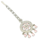 Rhodium Plated Silver Toned Pink American Diamond  Maang Tikka with Elegant Dangling Stones
