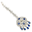 Rhodium Plated Silver Toned Floral Blue American Diamond Studded Maang Tikka with Elegant Dangling Stones