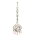Rhodium Plated Silver Toned Floral Pastel Pink American Diamond Studded Maang Tikka with Elegant Dangling Stones