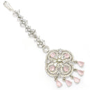 Rhodium Plated Silver Toned Floral Pastel Pink American Diamond Studded Maang Tikka with Elegant Dangling Stones