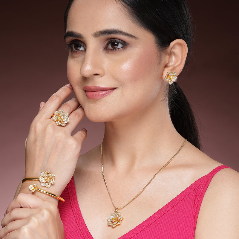 Gold Plated with White American Diamonds Studded Floral Shaped Pendent Combo Set