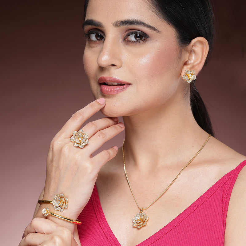 Gold Plated with White American Diamonds Studded Floral Shaped Pendent Combo Set