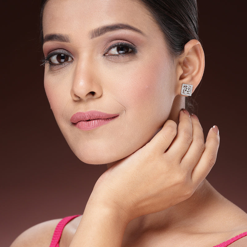 Rhodium Plated with White American Diamonds Studded Combo Set of 6 Stud Earrings